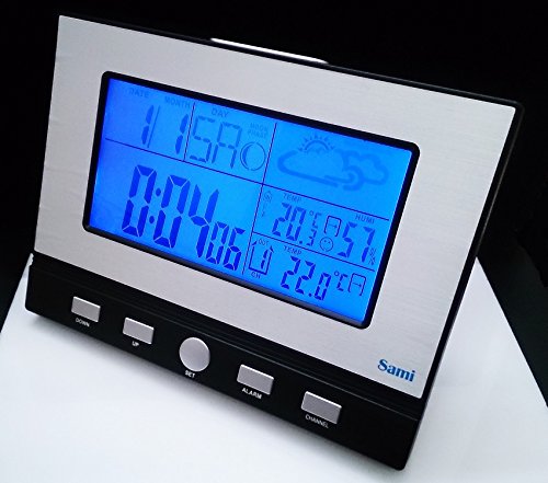 Angled view of the Sami LD-1105N Wireless Weather Station main unit, showing the silver frame and blue backlit LCD screen. The buttons 'DOWN', 'UP', 'SET', 'ALARM', and 'CHANNEL' are visible.