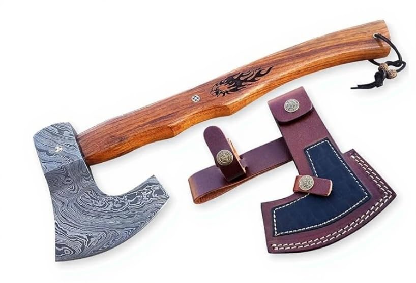 Dessi Viking Axe Hand Forged Damascus Steel Hatchet Tomahawk Leather Sheath Walnut Wood Handle Tiger Engraving Bushcraft Camping Gift Men SM14