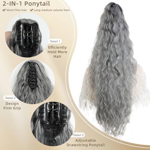 Image of Claw Clip Ponytail Extension 30In Long Wavy Curly Hair,Dark Grey