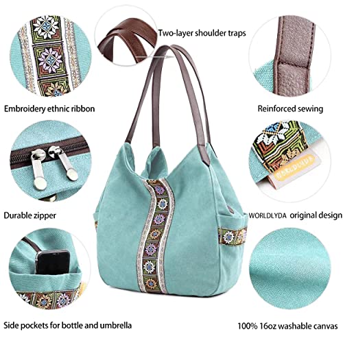 Image of Worldlyda Women Canvas Hobo Purse Multi Pocket Tote Shopper Shoulder Bag Casual Top Handle handbag with Embroidery Ethnic