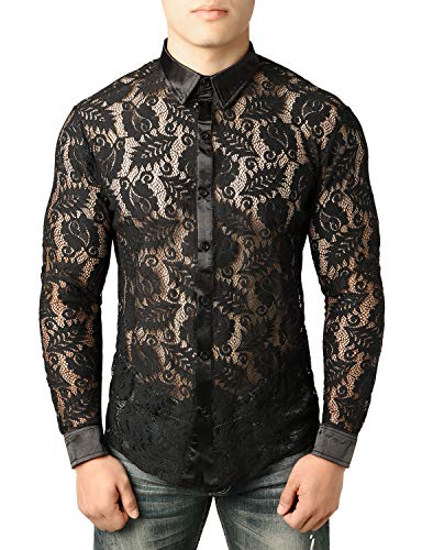 JOGAL Herren Transparent Blumen Spitze Button Down Langarm Hemd Medium...
