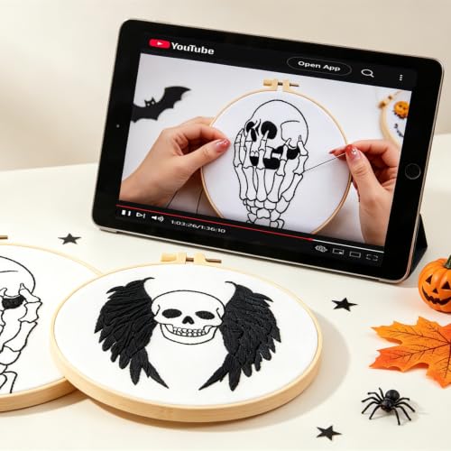 Image of Skull Halloween Embroidery Kits for Beginners Adults, Gothic Embroidery Sets Needlepoint Kits, Halloween Stamped Cross Stitch Kits for Beginners Adults, 2 Embroidery Hoops (Attached Video Tutorial)
