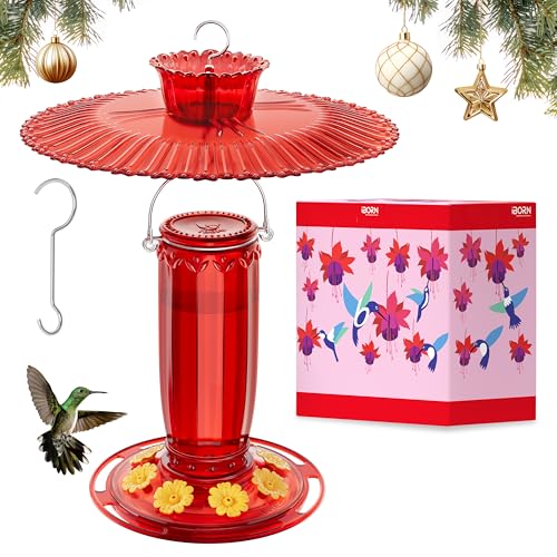 iBorn Hummingbird Feeders for Outdoors Hanging w/Sun Baffle,Ant Proof Moat for Hummingbird Feeder Glass, 8 Ports 16oz Humming Bird Nectar,Red Glass, Red Base,Pack of 1,2025 New
