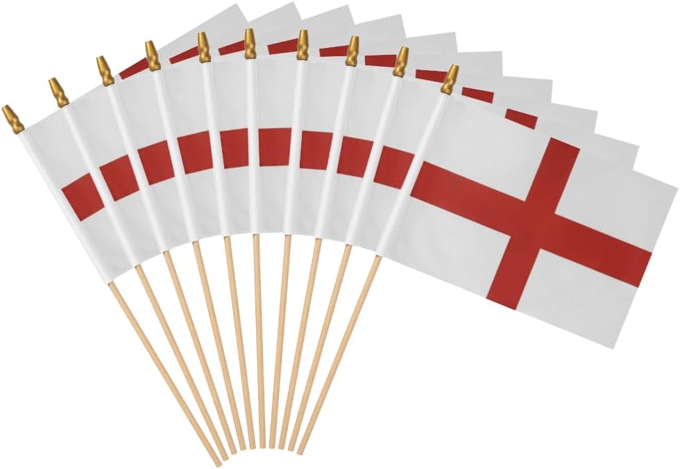 12 Pack England Handheld Stick Flag 5x8 Inch on Wood Stick English National Small Mini Handheld Flags,Party Decor Parades Festival Event Celebration.
