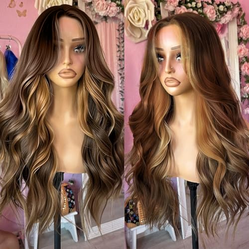 Perruque synthétique Lace Front blonde et brune sans colle pré-épilée