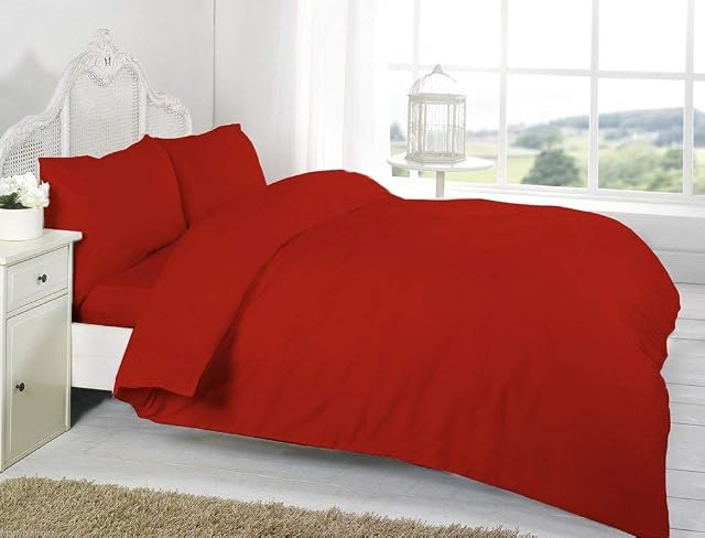 R&Z Plain Dyed Percale Polycotton Duvet Cover & 2 Pillow Cases Bed Set (Red, Double)