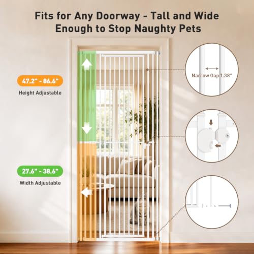 86.6" Extra Tall Cat Gate for Doorway, 27.6"-38.6" Adjustable Height Pet Gate with Walk-Through Door, Pressure Mounted No Drilling, 1.38" Narrow Gap Dog Gate Indoor for Stairs, Hallways, Cats & Dogs by MALOROY - Used condition - Image 2