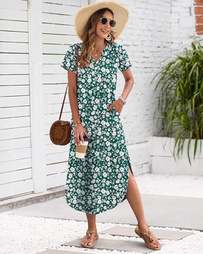 Image of MISFAY Women's Summer Maxi Dress 2026 Casual Short Sleeves V Neck Loose Sundress Split Long Beach T Shirt Dress