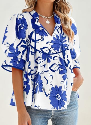PRETTYGARDEN Womens Summer Tops 2026 Cute Puff Sleeve Ruffle V Neck Babydoll T-Shirts Boho Floral Fall Peplum Shirts(Blue Floral,Medium) — view 6