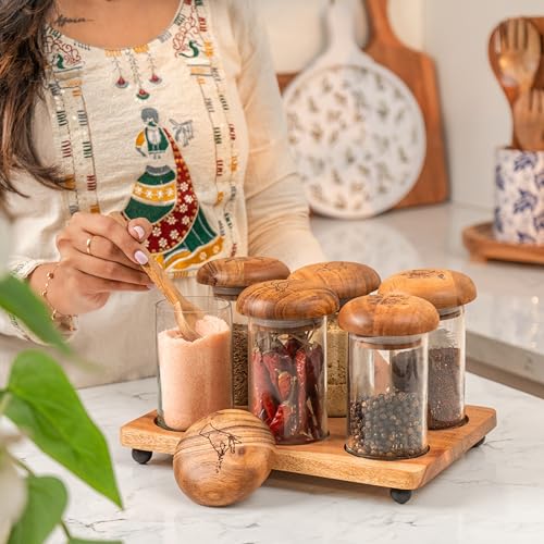 Image of Zest Storage Jar Set, Set of 6 | Glass & Acacia Wood