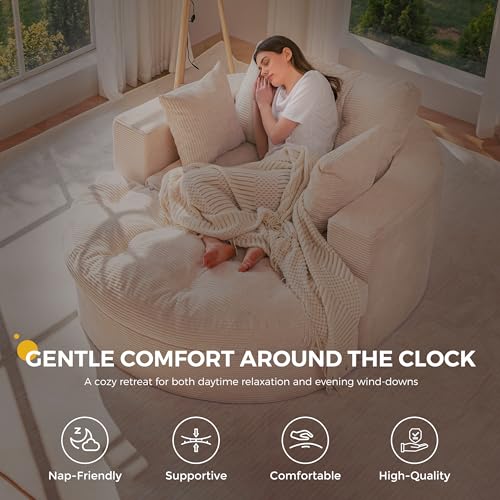 Image of MAXYOYO Modular Sectional Chaise Lounge Sofa, 2 Sets Upholstered Lounge Chair with Ottoman, Comfy Round+ Square Couch with Layered Cushion, Tufted Sleeper Chair for Living Room, No Assembly, Beige