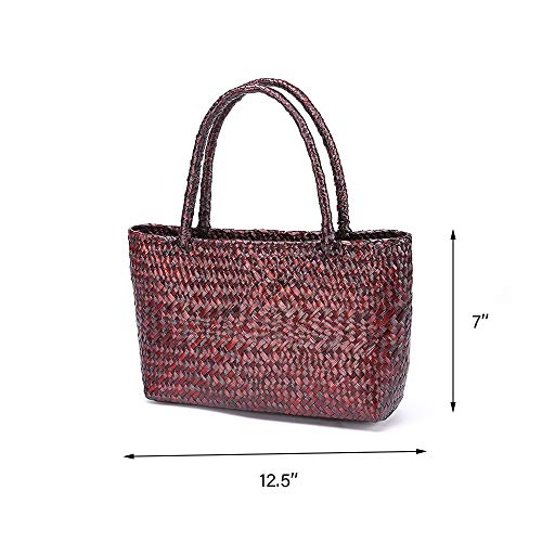 Hand-woven Large Retro Straw Shoulder Bag for Women Summer Beach Boho Rattan Tote Travel Bag with Straw Top Handle (Red)2