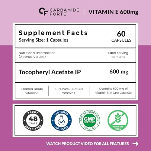 Carbamide Forte Vitamin E 600mg Capsules for Face and Hair | 100% Natural Vitamin E, Paraben Free- 60 Capsules - Image 2