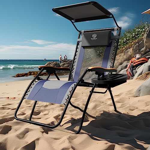 doubob Zero Gravity Chair Camping Recliner Folding Outdoor Patio Lawn Adjustable Lounge Chair with Canopy Shade, Headrest, Side Drink Tray Dark Blue - Image 5