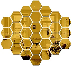 Bikri Kendra - Hexagon 30 Golden Decorative Mirror Stickers for Wall, Wall Mirror Stickers, 3D Acrylic Stickers Wall Stickers for Hall Room, Bed Room, Kitchen Living Room Kids Room.