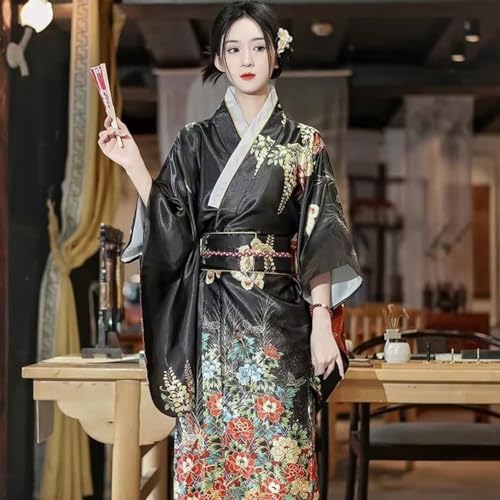 Kimono tradicional japonés cómodo para mujer con estampado floral y cinturón obi ajustable 4