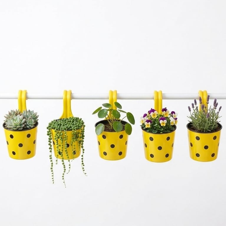 Image of Premium Hook Planter with Inner Pot | Polka Dot Hanging Planter for Balcony & Railings | Sturdy Plastic | Built-in Drainage | Vibrant Colours | Indoor & Outdoor Gardening (5, Yellow)