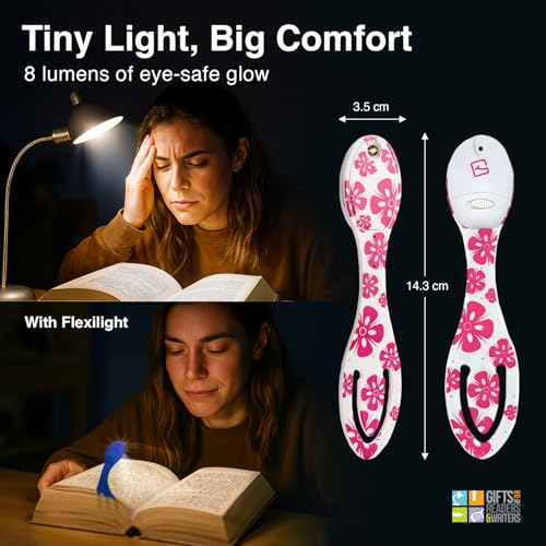 Image of Gifts for Readers & Writers Book Light, Clip On Reading Light for Bed, 2in1 Flexilight & Bookmark, Small & Lightweight with a Soft Glow, 2 Batteries Included, Pink Flowers