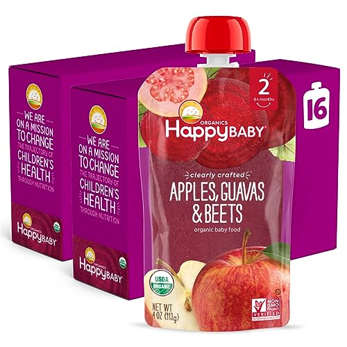 Happy Baby Organics Stage 2 Baby Food Pouches, Gluten Free, Vegan & Healthy Snack, Clearly Crafted Fruit & Veggie Puree, Apples, Guavas & Beets, 4 Ounces (Pack of 16)