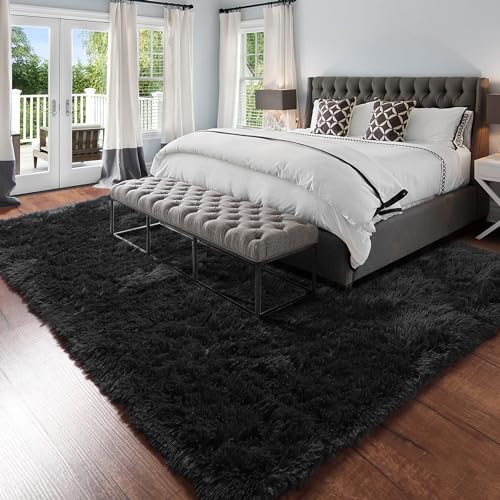 Amdrebio Black Area Rugs for Bedroom, 5x8, Large Fluffy Rug for Living Room Decor, Modern Cool Rugs for Kids, Boys, Men, Furry Shaggy Carpets for Classroom, Fuzzy Plush Gothic Carpet for Home Office