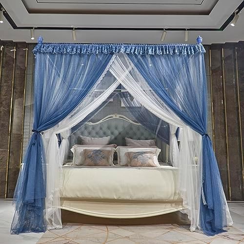 4 Corners Post Princess Mosquito Net Curtains Bed Canopy for Girls Curtain- Double Layer Sheer Mesh Canopies Drapes Girls Room Decor (Blue-Navy, Full)