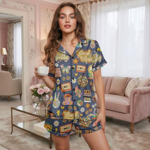 Image of Women's satin pajamas set, Short-sleeve button down Loungewear
