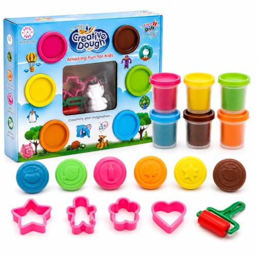 Image of Chanak Clay Dough for Kids, Creative Modelling Dough Set with 6 Clay Tubs (50g Each), 1 Roller, 3 Shape Cutters & 2 Toys, Taste-Safe DIY Craft Activity, Moulding Play Set, BIS Approved