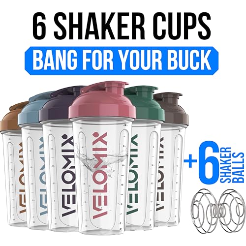 Image of VELOMIX -6 PACK- 28 oz Protein Shaker Bottle for Protein Mixes - 6x Wire Whisk | Leak Proof Shaker Cups for Protein Shakes | Protein Shaker Bottle Pack | Protein Shake Cup (Muted Clarity)