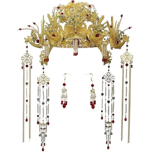 Chinese Wedding Bride Hair Accessory Chinese Crown Wedding Hair Accessories Golden Flower Floral Beaded Flapper Headband Jeweled Bridal Wedding Tiara (Phoenix)