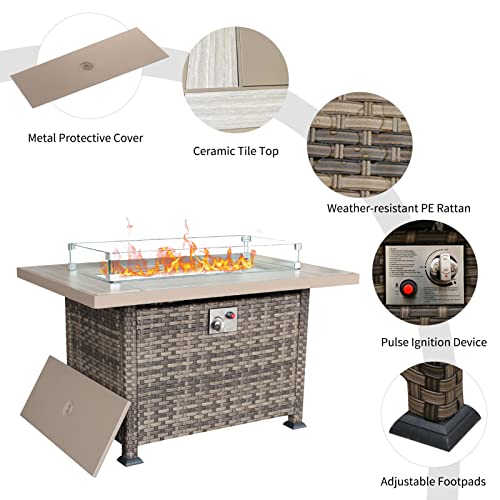 Vowtick 43" Fire Pit Table, Propane Gas Fire Pit Table, 50,000 Btu Outdoor Firepit Table With Lid, Glass Stone, Waterproof Cover, Rectangle Gas Firepit Table For Outside Garden Backyard Deck Patio #TOP4