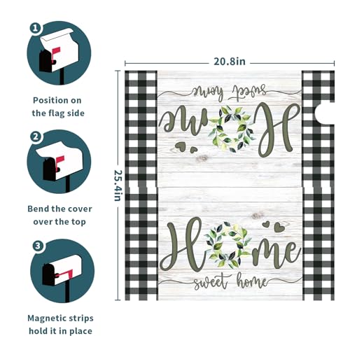 Image of Home Sweet Home Magnetic Mailbox Cover, Spring Leaf Buffalo Plaids Decorative Waterproof Mailbox Wrap Letter Post Cover for Garden Yard Outdoor Outside, 25.5x21in Large Size