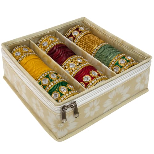Image of PVC 3-Rod Floral Bangle Organizer Box for Women | Jewellery Bangle Storage Case for Chudi, Kada & Accessories, Bangle Holder Pouch | Beige | Pack of 1