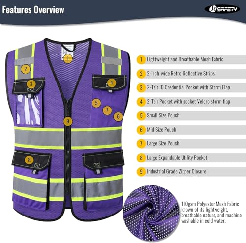 Image of JKSafety Hi Vis Reflective Safety Vests for Men Women High Visibility Vest with Pockets Mesh Fabric Construction Safety Apparel Neon Vest for Work (220-PurpleB S)