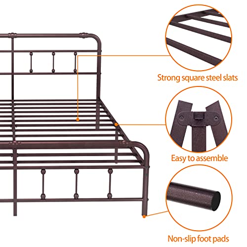 Debercu King-Size-Bed-Frame With-Headboard And Footboard - No Box Spring Need,Victorian Vintage Heavy Duty Metal Platform Mattress Foundation(Brown) #TOP4