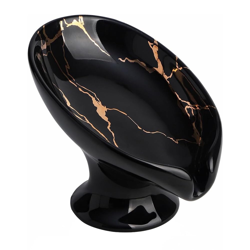 (Black) Soap Holder, Ceramic Soap Dish, Self Draining Leaf Shape Bar Soap Holder Tray for Bathroom,Shower, Easy to Clean Keeps Soap Dry