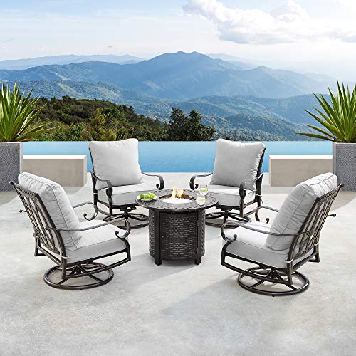Oakland Living Aluminum 34 In. Round Table Four Deep Seating Swivel Rocking Chairs, Fire Beads, Lid And Fabric Covers Patio Furniture Set, Antique Copper #TOP1