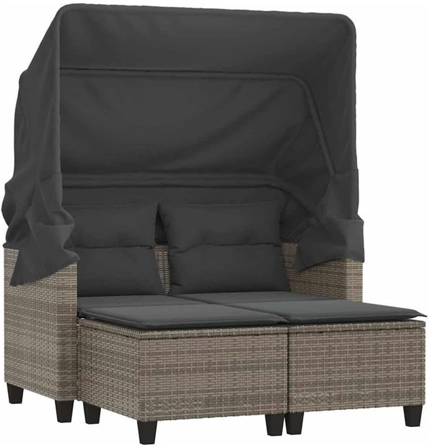 BOWERY HILL Outdoor 2-Seater Garden Sofa, PE Rattan and Powder-Coated Steel, Retractable Canopy, Gray Finish, Cushioned Seating, Weather-Resistant for Patio, Balcony, or Terrace