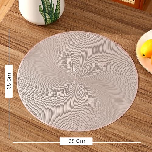 Image of Yellow Weaves 6 Pcs PVC Round Table Placemats, Dining Table Mat, Stain Resistant, Anti-Skid, Waterproof, Washable, Dining, Kitchen, Restaurant Table Set Easy to Clean, Durable (Spiral Rose Gold)