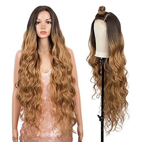 Style Icon Easy-360 Lace Wigs 36  Free Part Lace Frontal Wigs Super Long Wavy Wig Ombre Blonde Synthetic Wig (36 Inches, TT6 26Q)