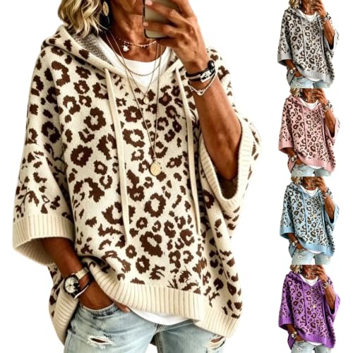 Women Leopard Hooded Knit Sweater Leopard Print Hoodie 3/4 Sleeve Hoodies - image 1