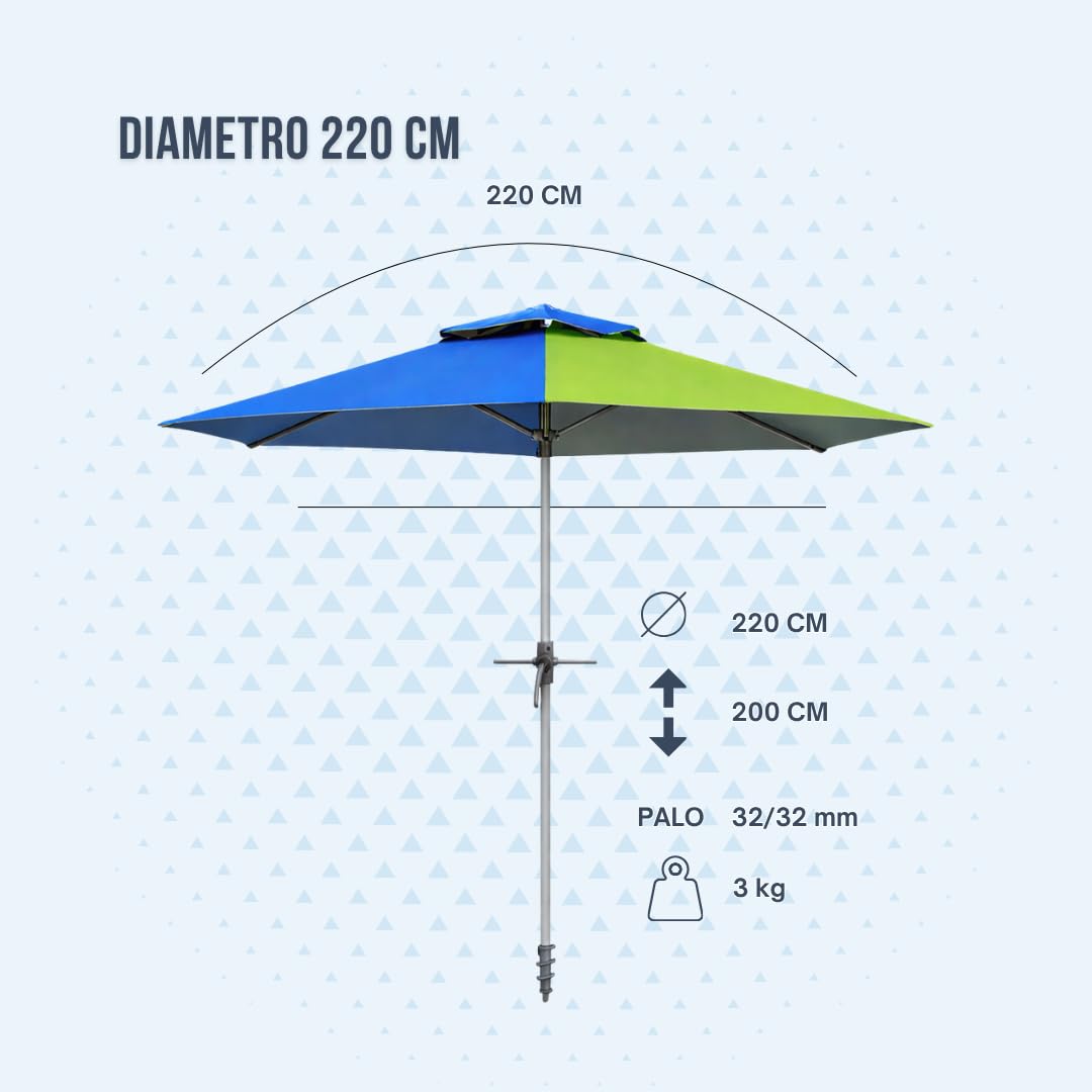 Batik Ombrellone Mare Tornado 220 cm – Ombrellone da Spiaggia Antivento con Trivella – Palo in Alluminio – Anti UV – 6 Stecche Rinforzate