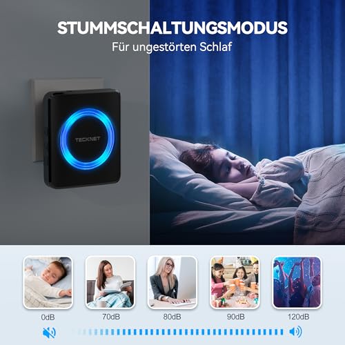 TECKNET Funkklingel, IP65 Funk klingel Set Aussen Wasserdicht, Kabellose Türklingel 600m Reichweite, Haustür Klingel 2 Sender 4 Plug-In-Empfänger, 60 Melodien Doorbell und Klingelknopf Mit LED-Blitz