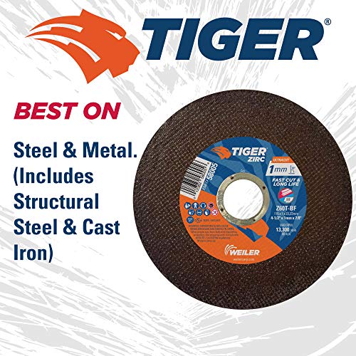 Image of Weiler 58005 4-1 /2 Inch Cutting Wheel, Tiger Zirc Steel /Metal Ultracut 1 mm Fast Cut & Long Life High Performance Thin Cutting, 1mm Z60T Type 1 7 /8 inch Arbor, Pack of 50