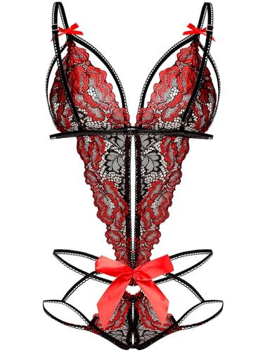 Image of Donnalla Women's Deep V Lace Teddy One Piece Lingerie Cutout Strappy Lingerie