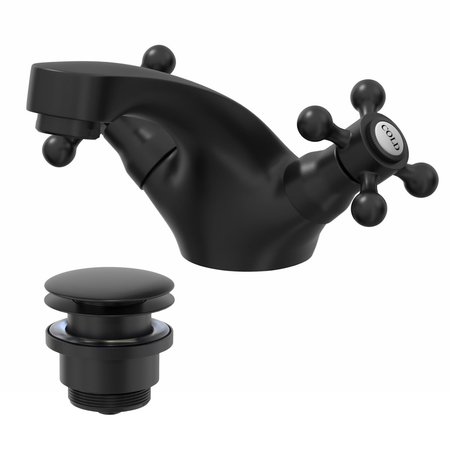 Park Lane Black Park Lane® Oxford Bathroom Cloakroom Basin Sink Mixer Tap And Waste Set Traditional Mono Round Twin Crosshead Handle Faucet For Sinks, Matt