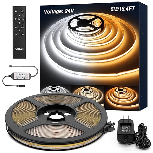Ustarus COB LED Strip Light White Dimmable 16.4FT 24V 2700K-6500K, COB Light Strip Tape with RF Remote 3200 LEDs CRI93+ for Kitchen Under Cabinet Bedroom Mirror Indoor Home Daylight Warm White