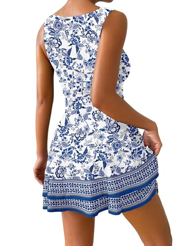 Image of IWD Women's Boat Neck Sleeveless Mini Dress Ruched Waist Flowy Tiered Ruffle Hem A Line Party Short Dresses