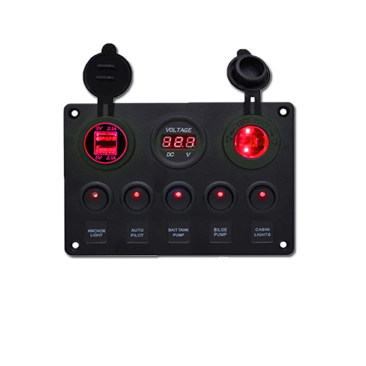 Wielofunkcyjny panel przełączników, Baceyong gniazdo 12 V, ładowarka USB, woltomierz cyfrowy, wodoodporny panel z 5 przełącznikami kołyskowymi wł./wył., pasuje do samochodów TV/ATV, ciężarówek, przyczep kempingowych, autobusów