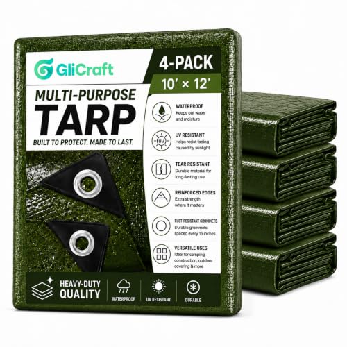 Image of 4 Pack 10 x 12 ft 5.5 Mil Tarps Heavy Duty Waterproof Tarp Multi Purpose Tent Cover for Home Boats Cars Camping Patio Furniture Roof Emergency Rain Protective Cover, Army Green