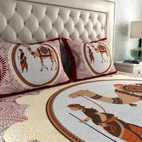 Image of La Verne 104 TC Cotton Double Bed Bedsheet Jaipuri Rajasthani Print Bedsheet with 2 Pillow Covers (Red s)
